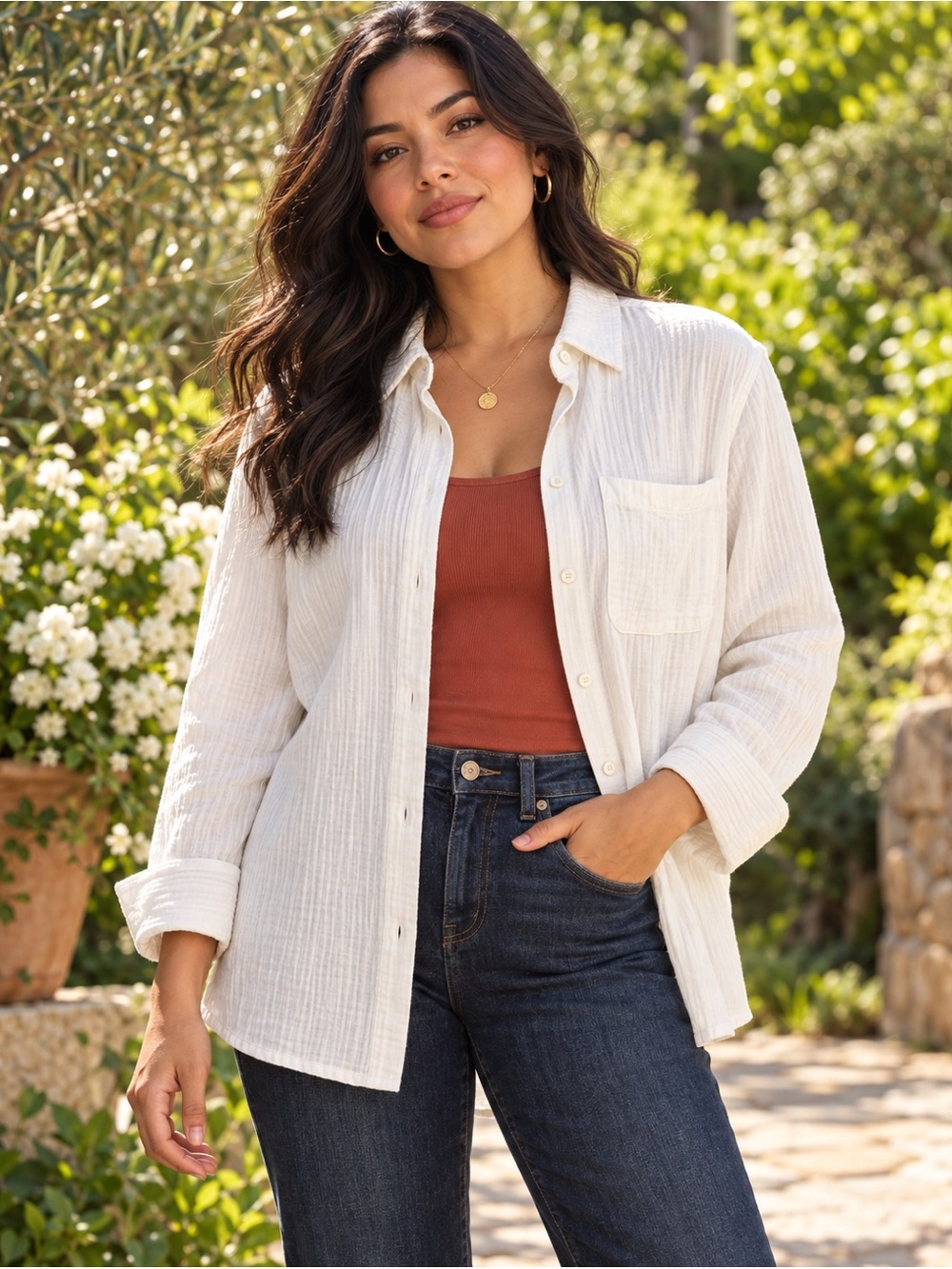 Quince White Gauze Button-Down Long Sleeve Shirt Size Medium